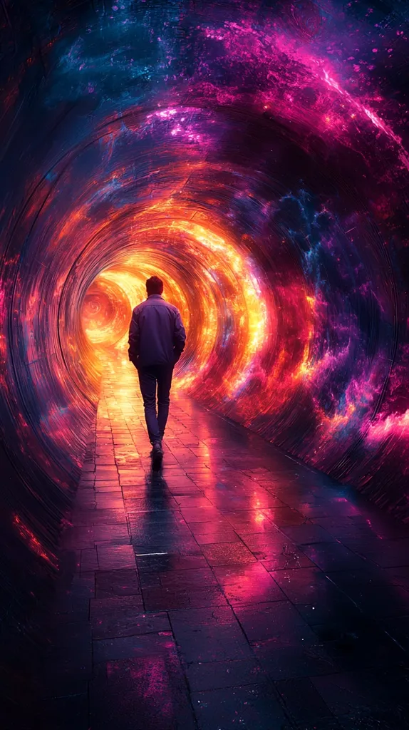 A lone figure walks down a tunnel with swirling, neon-like walls of pink and orange, leading into a bright, swirling light. The figure walks away from the viewer, toward the light. The path is wet, and the colors are reflected on the tiles. The tunnel is reminiscent of a galaxy, with its swirling patterns and colors.