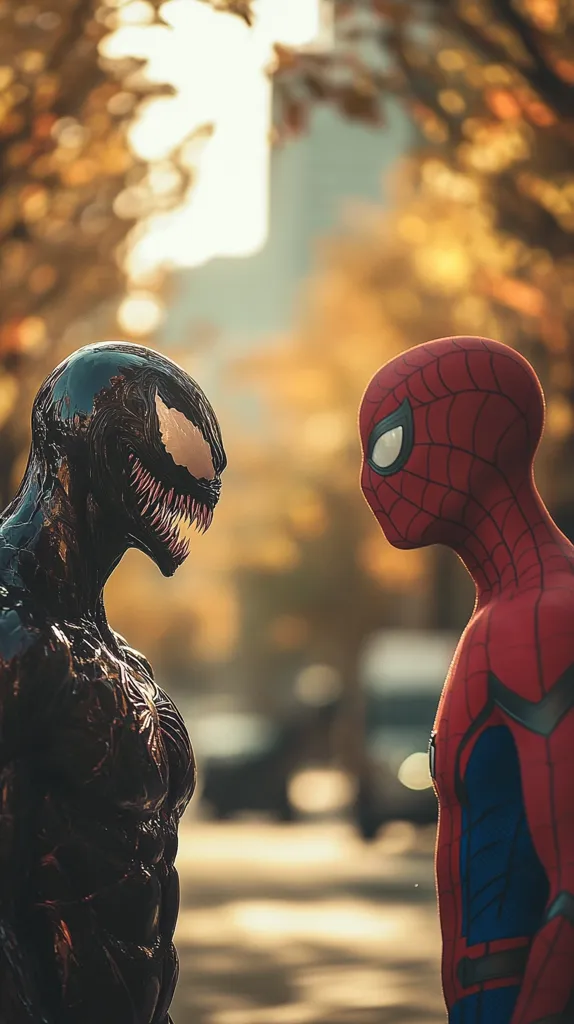 Venom, a black symbiote with sharp teeth, faces off against Spider-Man, a red and blue superhero.  Their expressions are intense, suggesting a fierce rivalry.  The background is out of focus, showcasing the dramatic contrast between the two characters. The image captures the essence of a superhero clash.
