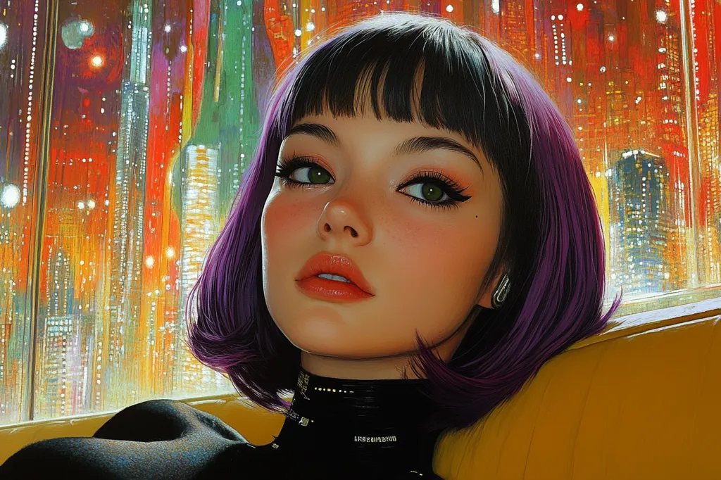 A young woman with long, dark purple hair and bangs looks out a window. The window shows a colorful cityscape with lots of lights at night. Her face is soft and she has green eyes and pink cheeks.  She is wearing a black turtleneck and is sitting on a yellow couch.  The painting is filled with vibrant colors and creates a dreamy, almost surreal atmosphere.