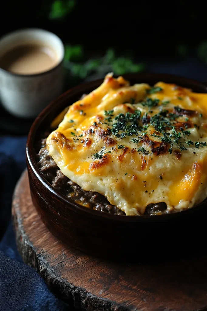 A close-up of a delicious-looking casserole in a brown dish, topped with melted cheese and a sprinkle of fresh herbs. The dish is sitting on a rustic wooden surface, creating a warm and inviting scene. The image captures the mouthwatering appeal of a comfort food classic.