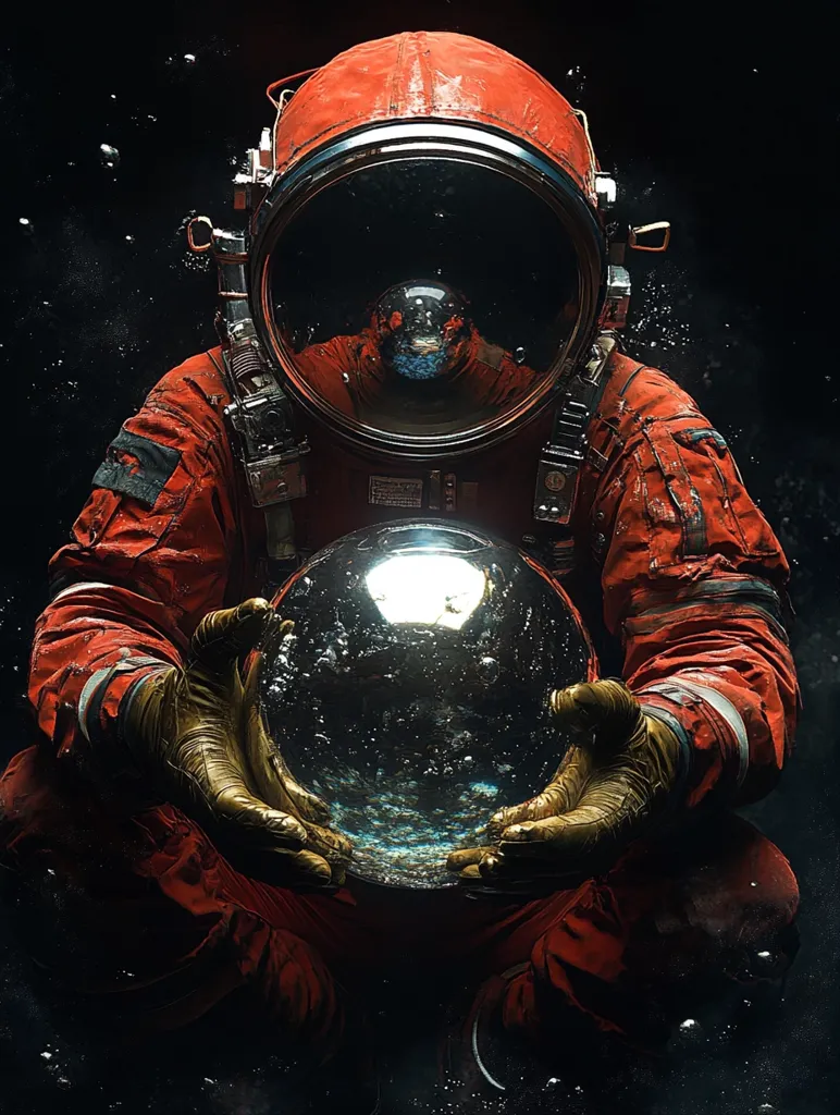 An astronaut in a bright red spacesuit, with a large helmet, is holding a glowing orb in their gloved hands. The astronaut is floating in a dark void speckled with stars and dust. The orb is filled with swirling, liquid-like matter that suggests a celestial or ethereal object. The image evokes a sense of wonder and exploration in the vastness of space.