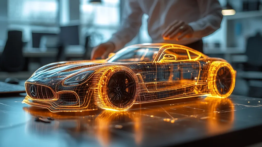 A futuristic, sleek sports car is depicted as a glowing wireframe, seemingly suspended in mid-air above a desk. The car is rendered with intricate details, highlighting its aerodynamic design. The scene is set in a modern office, with a blurred figure in the background, suggesting the concept of virtual design and automotive engineering. The image evokes a sense of innovation and technological advancement in the automotive industry.