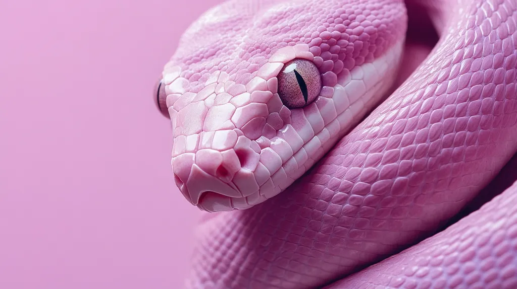 A close-up of a pink snake, with its scales and eye in focus. The snake's skin is a vibrant shade of pink, and its eye is a dark brown. The snake is coiled, with its head in the foreground and its body in the background. The background is a blurry pink, which creates a soft and dreamy effect.  The image is a beautiful and unusual example of the natural world.