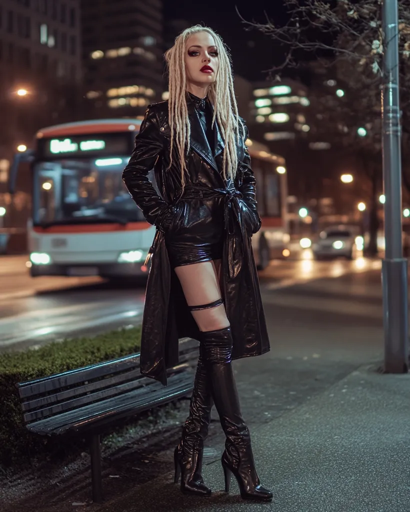 A woman with long blonde dreadlocks stands on a city street at night, wearing a black leather trench coat, matching thigh-high boots, and a short black skirt. Her hands are tucked into the pockets of her coat, and she looks confidently into the distance. The street is lined with buildings, and there is a bus parked in the background.  The city lights illuminate the scene, creating a sense of mystery and allure.