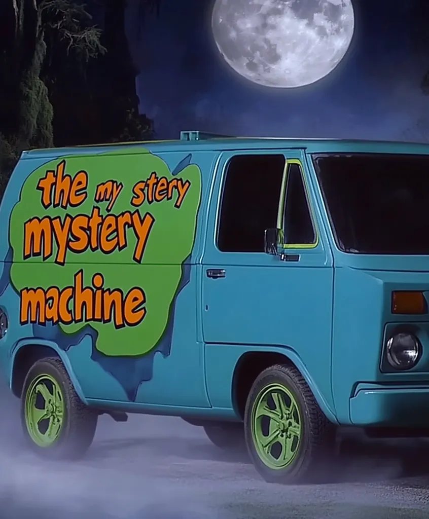 The Mystery Machine, a blue van with a green, orange, and yellow "the mystery machine" logo, sits under a large, bright moon in the night. There are dark trees behind the van and a misty fog at its base. The van's side door is slightly ajar.  The van is a well-known icon from the Scooby-Doo cartoon.