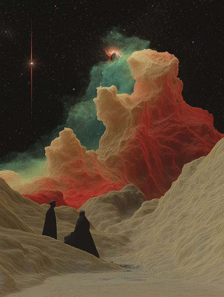 Two figures, cloaked in black, stand against a surreal backdrop of alien landscapes.  A large, jagged mountain looms, painted in hues of red and orange, under a star-strewn sky.  A nebula, swirling with green and blue, fills the upper half of the image, creating an otherworldly atmosphere. The figures appear small in comparison to the vastness of the scene, emphasizing their solitude and the unknown nature of their surroundings.