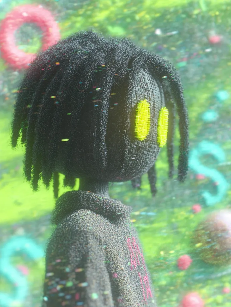A pixelated character with black dreadlocks and yellow eyes stands against a blurred, colorful background. The character is wearing a gray sweater with a pink inscription. The background appears to be a landscape with green and pink elements. The overall style is digital and abstract.