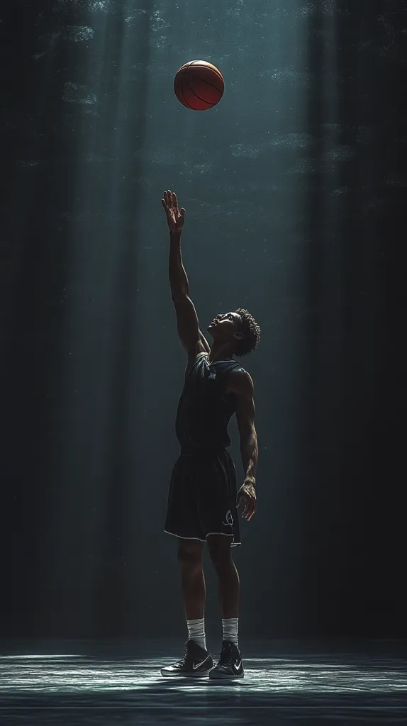 A basketball player in black shorts and a black tank top jumps to catch a basketball in mid-air. The player is silhouetted against a dark background with a single spotlight shining down on them. The basketball is illuminated by the light and is in focus, while the player is slightly out of focus. The image is a dramatic and powerful shot of a basketball player in action.