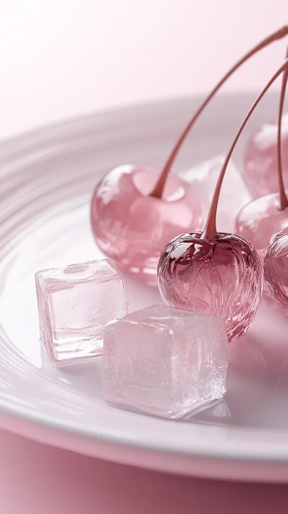 The image shows a white plate with three pink cherries and two ice cubes. The cherries are made of glass and have a delicate, translucent appearance. The ice cubes are also transparent, reflecting the pink light from the cherries. The plate is set on a pink background. The overall tone of the image is light and airy, with a playful and whimsical feel.