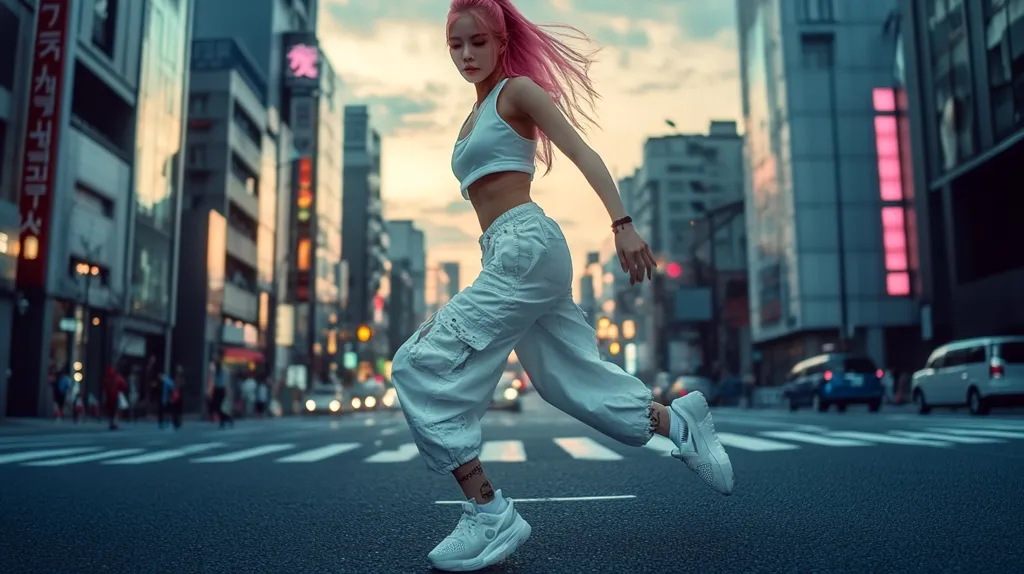 A woman with pink hair and white clothing is jumping across a city street. The buildings in the background are blurred and out of focus. There are cars passing in the background. She is wearing white sneakers and has a confident expression on her face. The photo has a cool and edgy vibe.