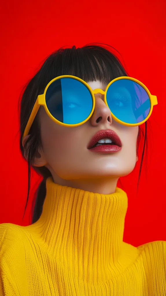 A woman with dark hair and bright red lipstick wears large yellow sunglasses with blue lenses. She's wearing a yellow turtleneck sweater against a bright red background. She looks directly at the camera with a serious expression. The image is vibrant and bold, emphasizing contrasting colors.