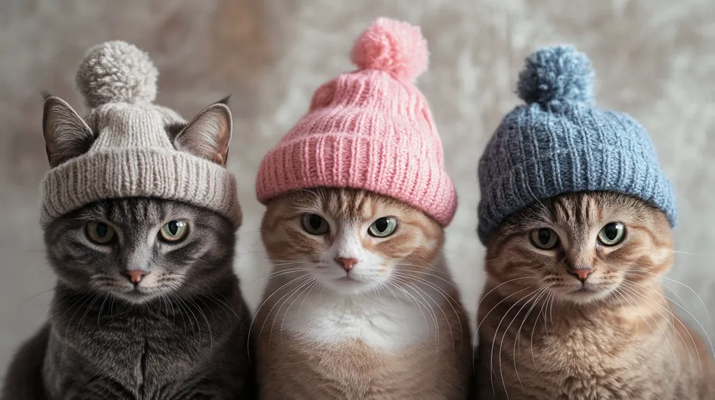 Three cats, each wearing a knitted hat with a pom-pom on top. The hats are grey, pink, and blue. The cats are sitting side-by-side and looking directly at the camera.  The cats are all different colors, with one gray, one orange and white, and one brown and white. They appear to be cold, but also very cute.  The photo is taken against a light background.