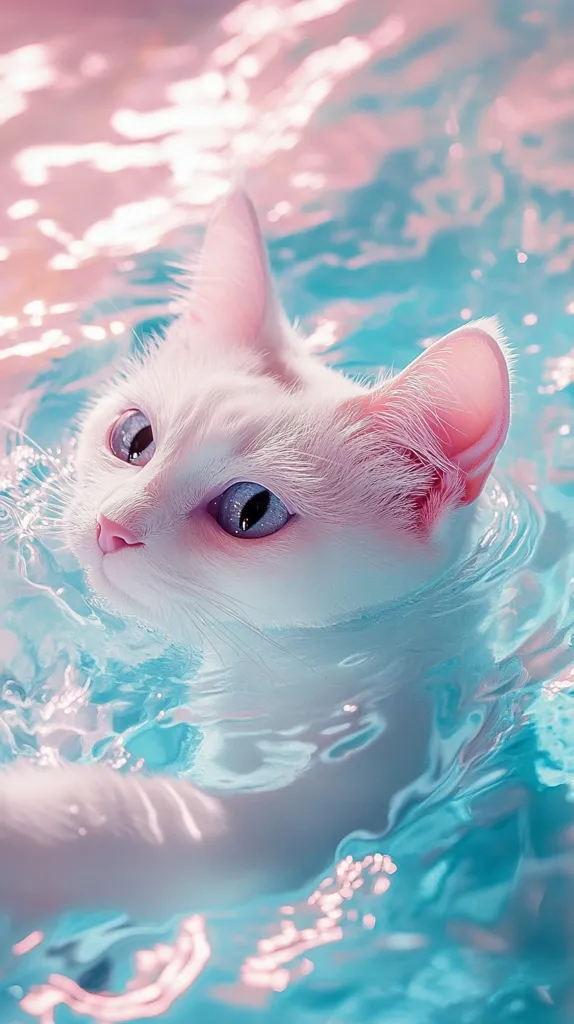 A white cat with blue eyes swims in a pool of shimmering, turquoise water.  The cat's fur is almost translucent, and the water reflects the sunlight, creating a magical and ethereal atmosphere. The cat's gaze is fixed on something out of frame, suggesting a sense of curiosity and wonder.