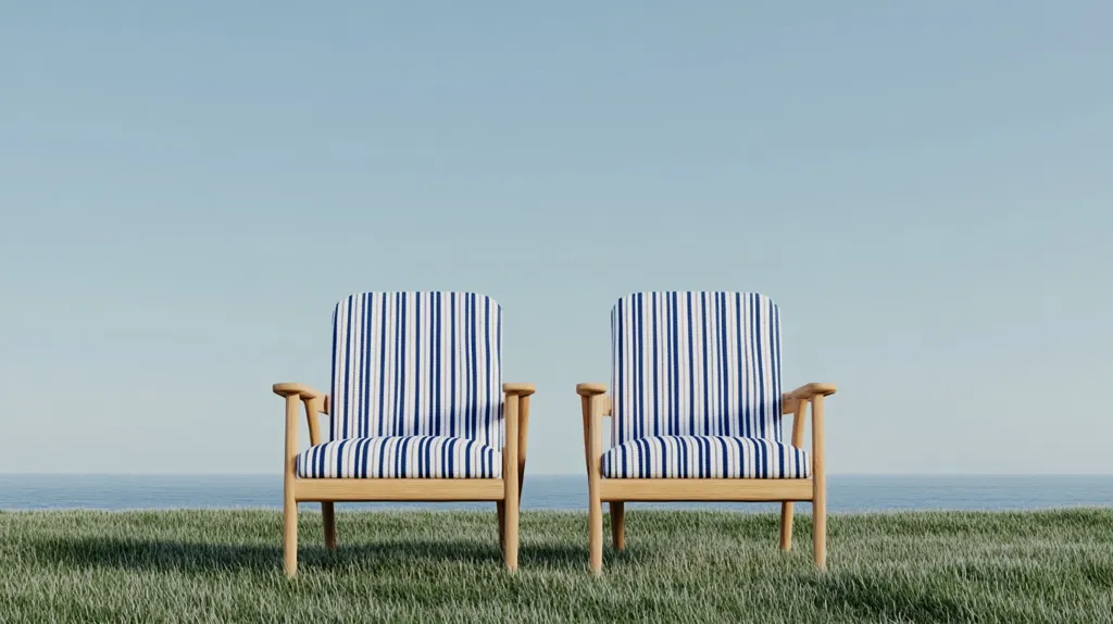Two wooden chairs with blue and white striped cushions face each other on a patch of grass.  Behind the chairs is a calm, blue ocean and a clear, blue sky. The chairs are inviting, suggesting a relaxing moment by the sea.