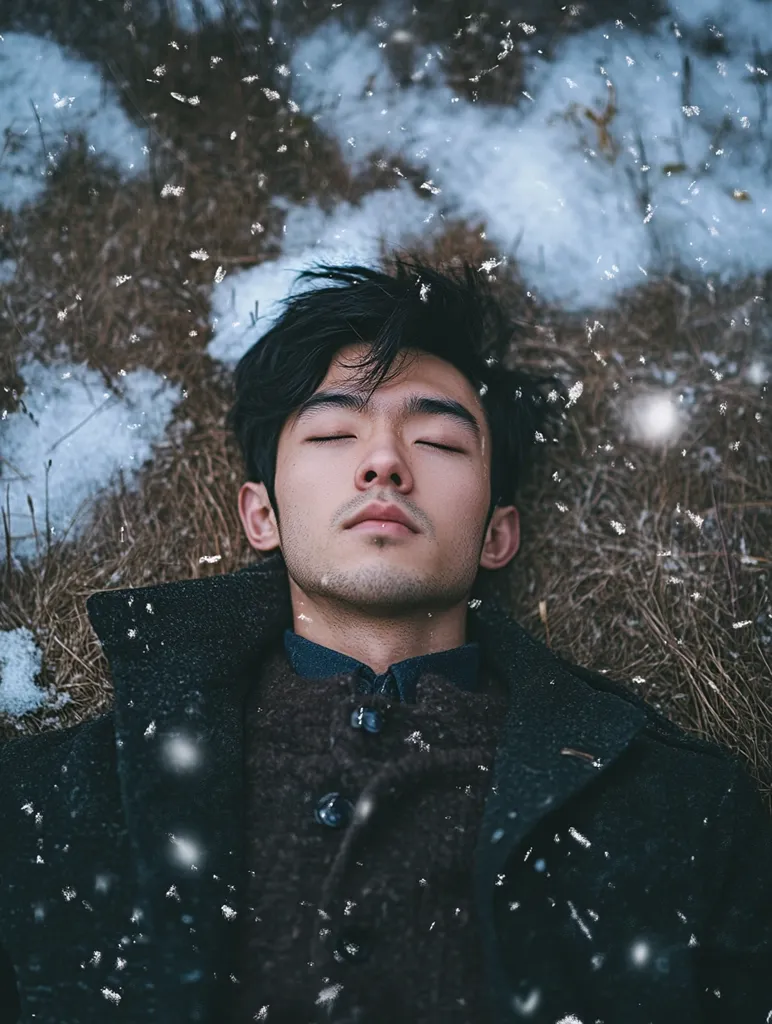 A young man with dark hair and a goatee lies in a field of brown grass with snow falling around him. He is wearing a black jacket and has his eyes closed. The image is taken from above, looking down at him. The soft focus and snow create a dreamy and peaceful atmosphere.