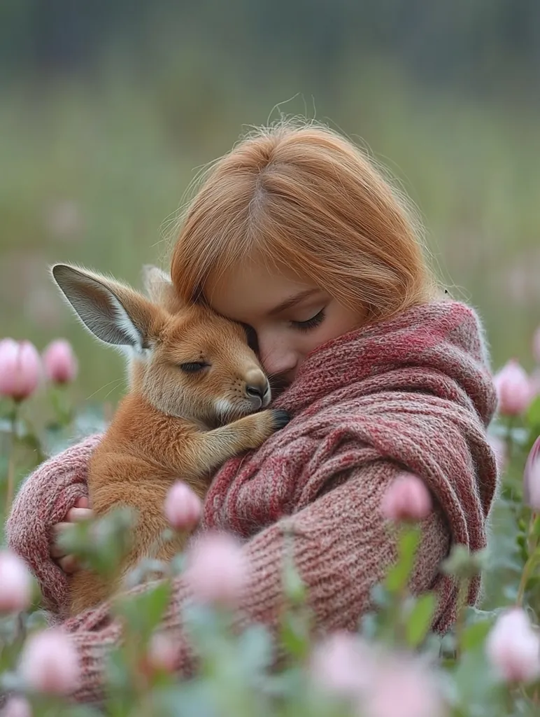 A young woman with long red hair is hugging a baby kangaroo. The woman is wearing a red knitted sweater and scarf. The kangaroo is nestled in her arms, with its head resting on her shoulder. They are surrounded by a field of pink wildflowers.  The image is warm and inviting, showing a deep connection between the woman and the animal.