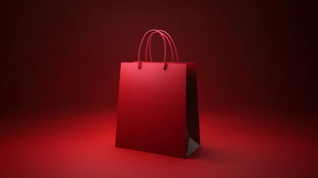 A solid red shopping bag with two handles sits on a flat, red surface. The bag is the only object in the image, which is shot from a low angle. The red of the bag and the background is a single, even color, with no shadows or other distractions. The image has a simple, minimalist feel.