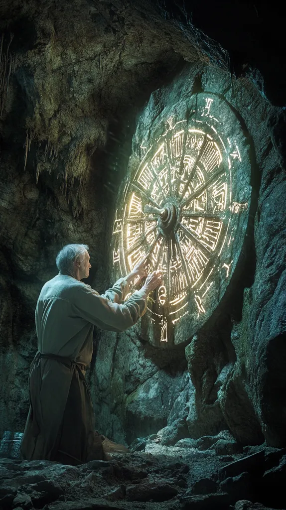 An elderly man kneels before a large, circular stone embedded in a cavern wall. The stone is adorned with intricate carvings that glow with a soft, ethereal light. The man’s weathered face is illuminated by the strange luminescence, giving the scene an otherworldly feel.  The image is filled with mystery and a sense of ancient power.
