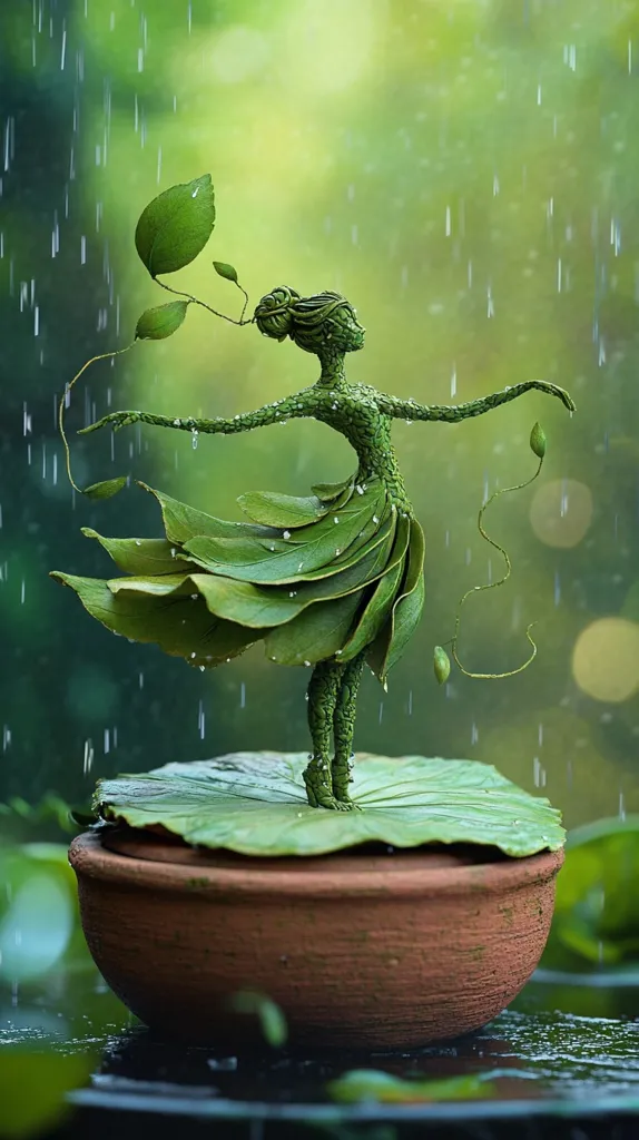 A delicate figure, crafted entirely from leaves, stands on a large, green leaf atop a terracotta pot. The figure, resembling a ballerina, is posed in a graceful dance. Rain falls gently around the figure, creating a serene and magical atmosphere. The intricate details of the figure and the lush green foliage evoke a sense of wonder and beauty.