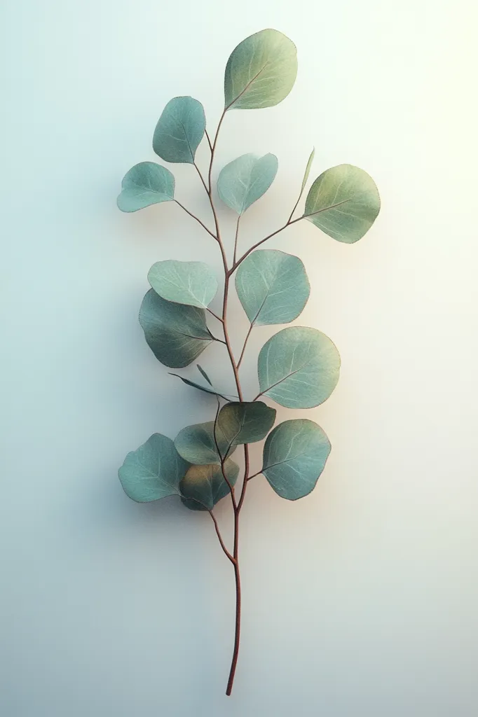 A single sprig of eucalyptus with light green leaves and a brown stem is shown against a plain white background. The sprig is positioned slightly to the left of center. The leaves are arranged in a delicate, cascading pattern. The image has a simple, clean aesthetic.