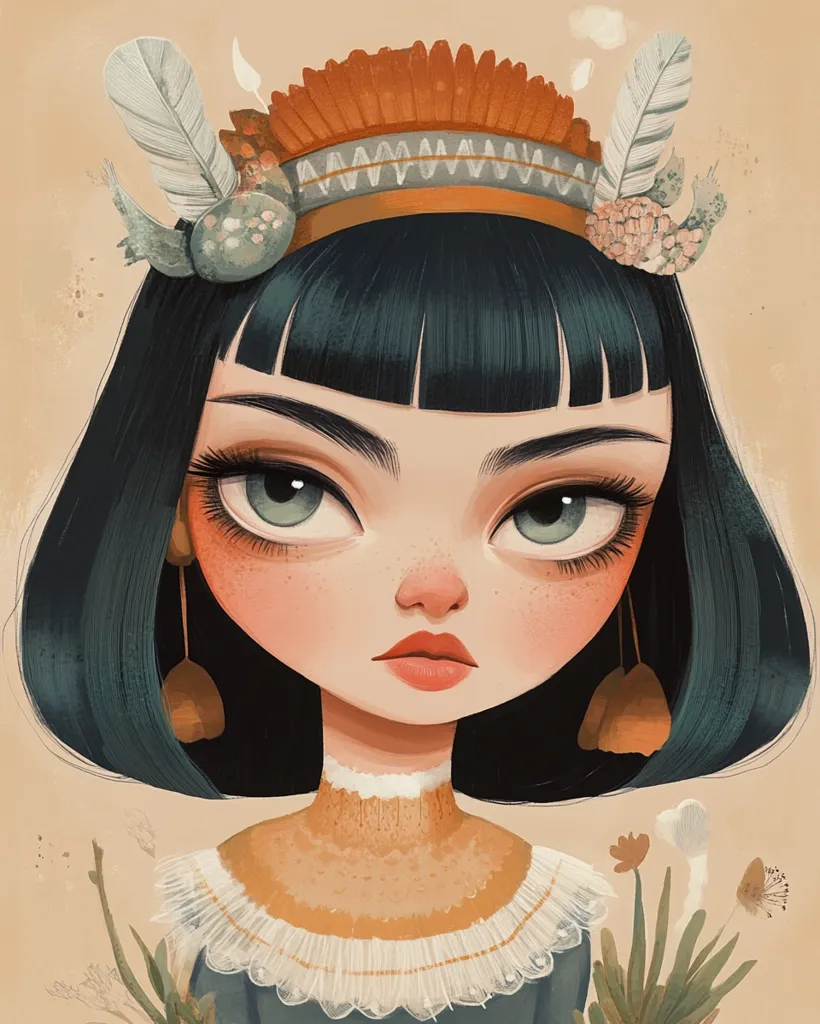 The image depicts a cartoon character with a stylized appearance. The character has large, expressive eyes, a small nose, and full lips. She is wearing a decorative headdress adorned with feathers and flowers. Her long, dark hair is styled in a bob. She has a serious expression and a delicate, almost ethereal look. The background is simple, providing focus on the character. The overall style is whimsical and reminiscent of vintage children's illustrations.