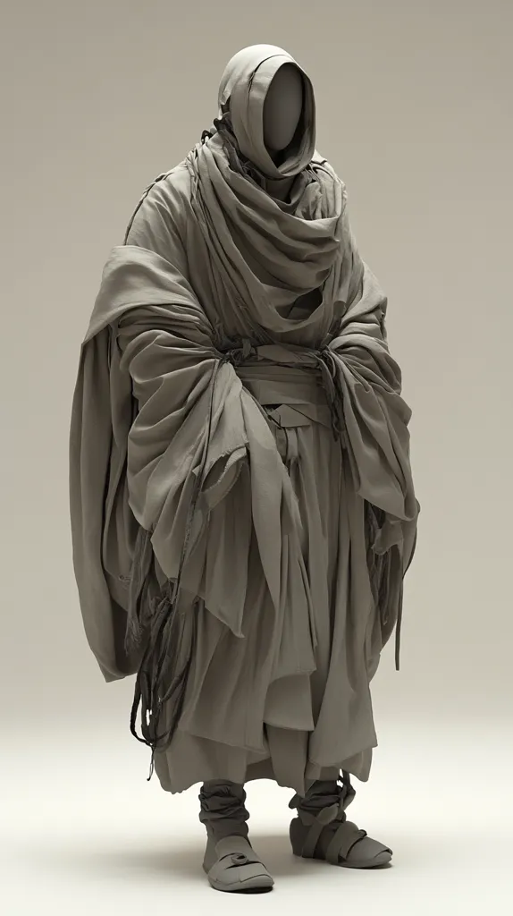 The image shows a 3D model of a figure wearing a long, flowing cloak. The figure's head is covered by a hood, concealing their face. The cloak is made of many layers of fabric, giving it a dramatic and voluminous appearance. The figure is standing on a plain background, making it the central focus of the image. The model is rendered in a neutral gray color, giving it a simple and elegant look. The overall effect is one of mystery and intrigue.