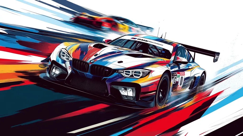 The image depicts a brightly colored BMW race car speeding along a track. The car is painted in a bold, abstract design with various colors. Its headlights are illuminated, and its wheels are blurred, showcasing its fast movement. The track is portrayed through vibrant, dynamic brushstrokes in the background, creating a sense of speed and energy. The image captures the thrill and excitement of motorsports.