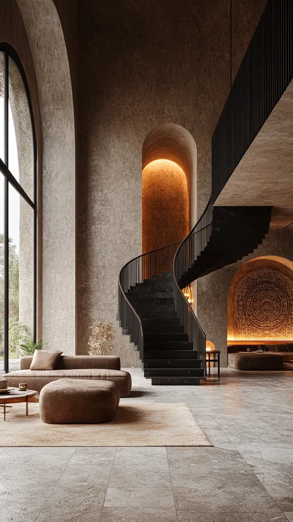 A modern interior design with a large arched window, a black spiral staircase, a brown couch and ottoman, and a beige area rug. The walls are made of a rough texture and the floor is a polished stone. There is a large archway that leads to another room with a warm light.  The room has a minimal and elegant design.