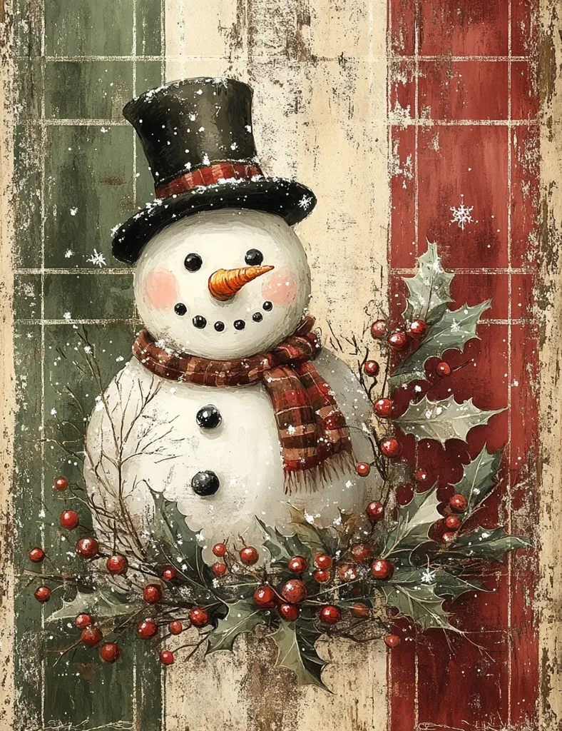 A cheerful snowman with a black top hat and a red and black plaid scarf stands against a rustic background of wood paneling and holly. The snowman has a carrot nose and a sweet smile. The holly berries and leaves are a vibrant red and green, adding festive color to the scene. Snowflakes are scattered throughout the painting, creating a wintery atmosphere.