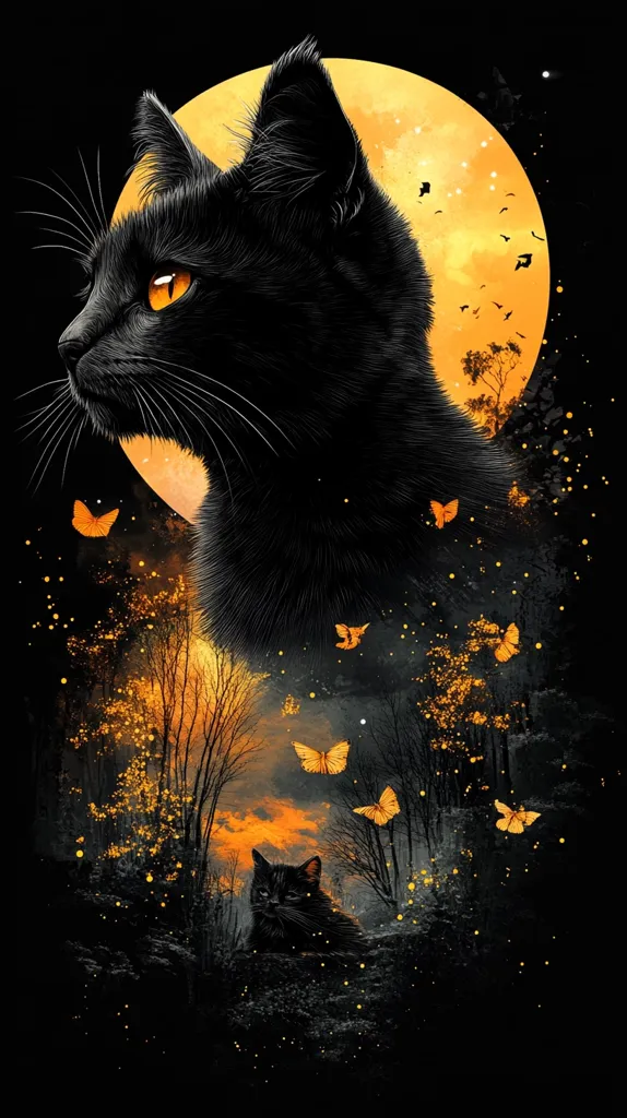 A black cat with piercing yellow eyes sits in front of a large, orange moon. Silhouettes of trees and butterflies surround the cat, creating a mystical, almost dream-like atmosphere. The image is filled with glowing, golden dots and a faint orange sunset, hinting at the magic and wonder of the night.