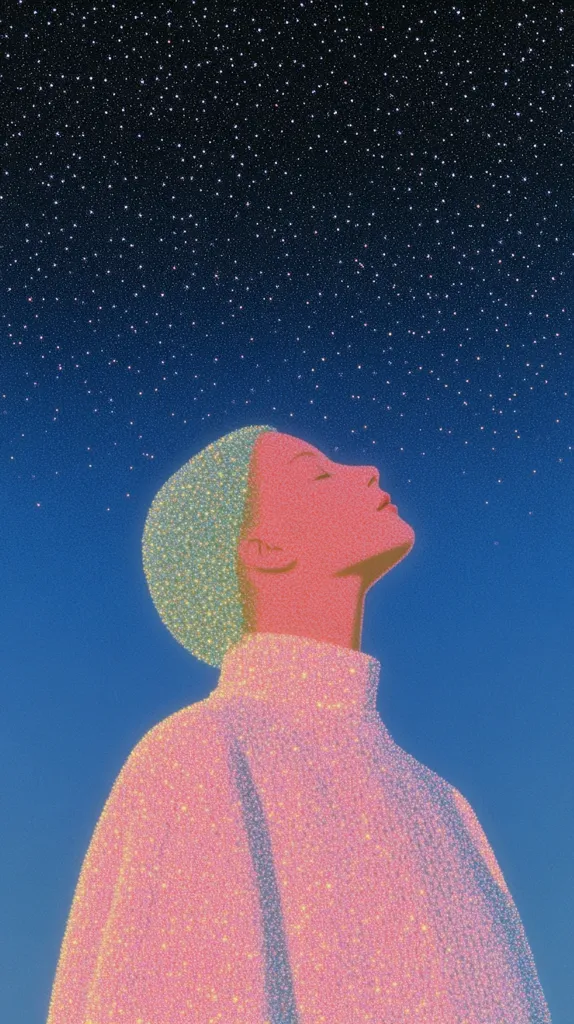 The image shows a woman with her head tilted back and eyes closed, looking up at a night sky full of twinkling stars. The woman is wearing a sparkly pink sweater and her skin has a soft pink hue. The overall feeling is one of serenity and peace. The image is rendered in a retro, digital style, with a grainy texture.  The woman's relaxed pose and the peaceful sky create a calming and dreamy atmosphere.