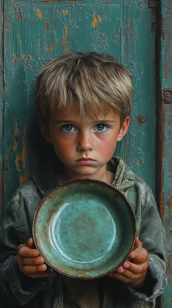 A young boy with light brown hair and blue eyes holds a large, turquoise-colored bowl in front of him. He looks directly at the camera with a serious expression, his lips slightly parted. He is wearing a green jacket, and the background is a weathered green wooden door. The image has a somber tone, emphasizing the boy's poverty and vulnerability.