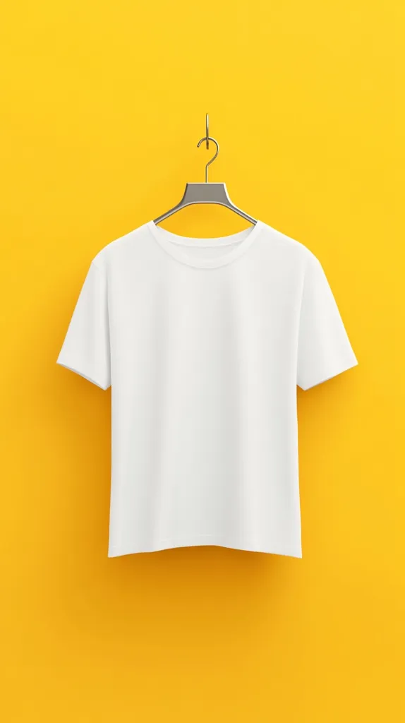 A plain white t-shirt hangs on a silver hanger against a vibrant yellow background. The simplicity of the design emphasizes the blank canvas of the t-shirt, ready for customization or branding. The contrasting colors create a visually appealing and minimalist aesthetic.