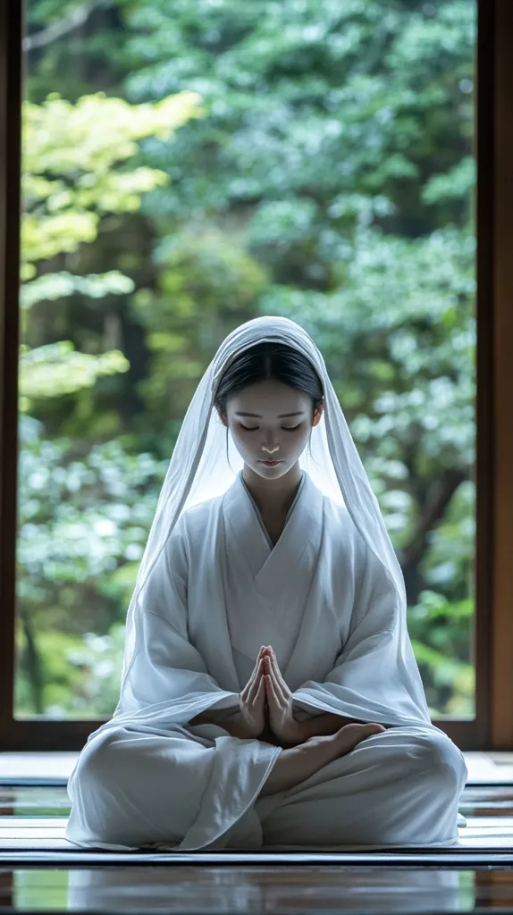 A young woman in a white robe and headscarf sits in a meditative pose, her hands clasped in prayer. She gazes downward with a serene expression. The background is blurred greenery, creating a sense of tranquility.