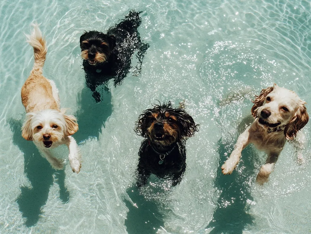 Four dogs, a black, a brown, and two white, are swimming in a pool. The water is clear and blue, and the dogs are enjoying themselves. They are all looking at the camera, and some are smiling. The dogs are wet and their fur is glistening. There is a splash of water behind one of the dogs, showing how much fun they are having. It's a perfect day for swimming.