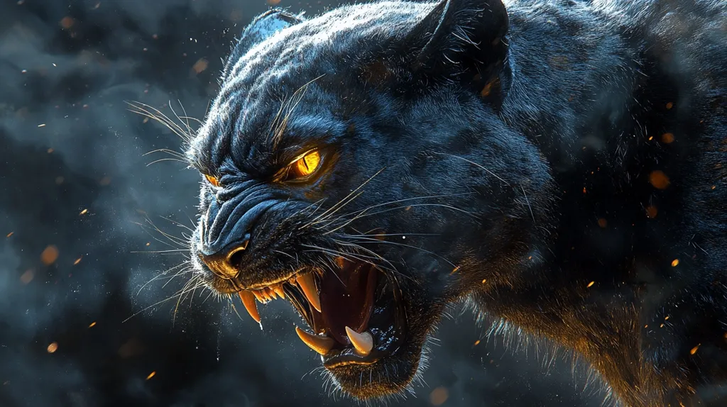 A close-up of a black panther's face, with its mouth open in a menacing snarl, revealing sharp teeth. Its golden eyes gleam with predatory intensity. The panther's black fur is highlighted by tiny sparks of light, creating a dramatic and fierce image.