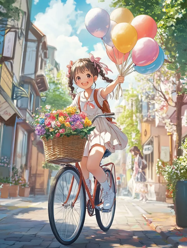 A young girl with pigtails rides a bicycle down a sunny street. She's holding a bouquet of colorful balloons and a basket filled with flowers. The street is lined with buildings and trees, and the atmosphere is cheerful and carefree.  The girl is smiling and seems to be enjoying her ride.  The illustration is vibrant and detailed, with a warm and inviting feel.