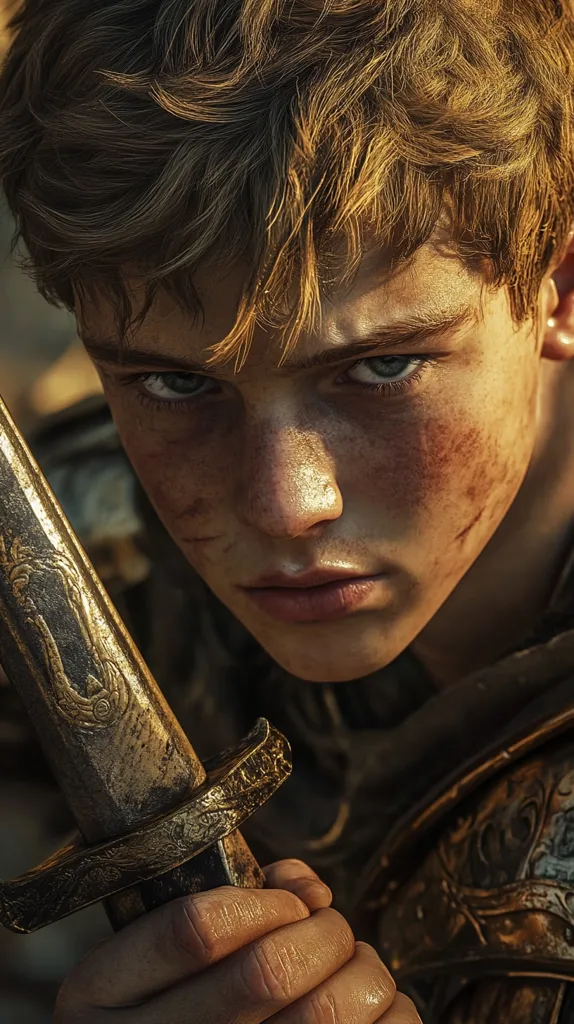 A young man with tousled, golden-brown hair grips a sword tightly. His face is close-up, revealing a serious expression, with piercing blue eyes and a determined set to his jaw.  Scars and dirt mark his skin, hinting at a life of hardship and battle. His attire is worn and textured, suggesting a warrior's garb. The image evokes a sense of strength and resilience, perhaps a young warrior facing an uncertain future.