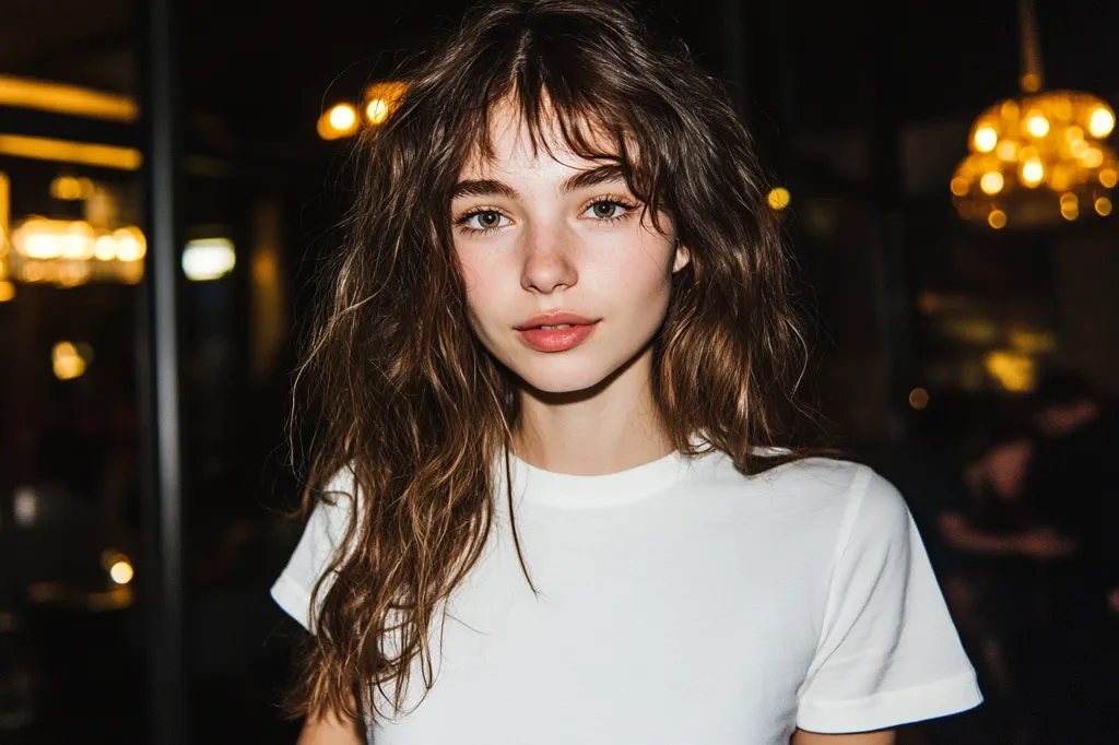 A young woman with long, wavy brown hair and a white t-shirt looks directly at the camera. She has a soft, natural look with minimal makeup. The background is blurred and out of focus, with warm, golden light from nearby lamps. The image evokes a sense of intimacy and casual elegance.