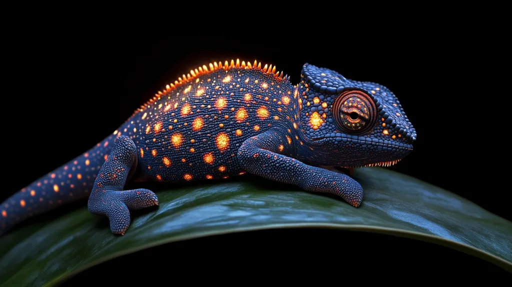 A blue and orange chameleon with glowing spots is resting on a dark green leaf. The chameleon is facing to the right, its eye is open, and it is blending into the dark background.  The animal's skin texture is clearly visible.  The image has a dark, mysterious, and slightly eerie feel to it.  It's a closeup shot that emphasizes the chameleon's intricate details and the interplay of light and color.