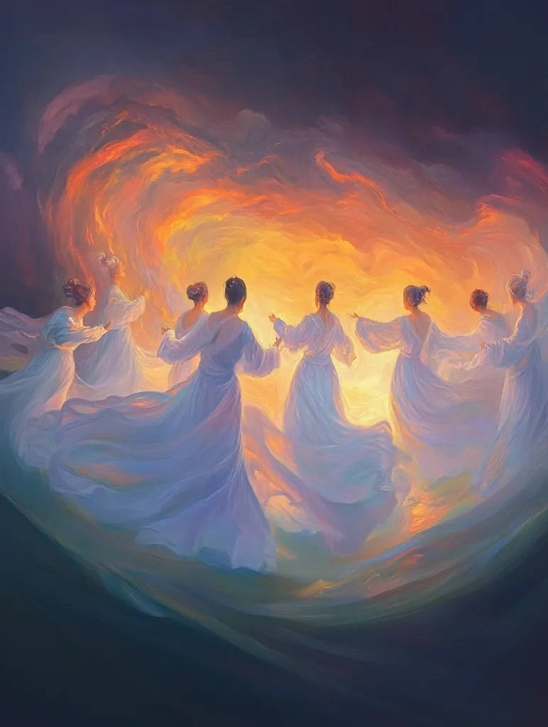 The painting depicts a group of seven women, all dressed in flowing white robes, dancing in a circle against a backdrop of a fiery orange and yellow sky. Their robes billow outwards as they move, creating a sense of motion and energy. The women's faces are obscured, leaving their identities a mystery, but their joyful expressions suggest a celebration or a spiritual gathering. The overall mood is one of ethereal beauty and transcendence.