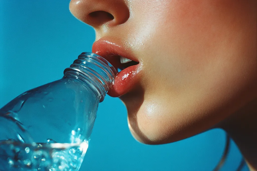 A close-up of a person's mouth drinking from a plastic bottle of water. The person's lips are red and glossy, and the water bottle is clear and filled with water. The background is a bright blue, and the image is focused on the act of drinking.