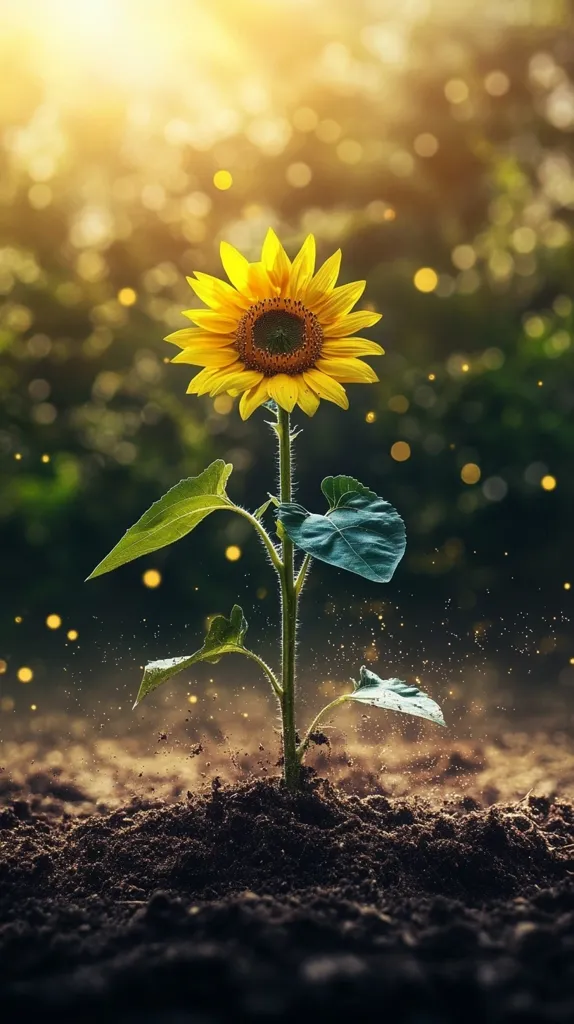 A single sunflower, with bright yellow petals and a dark center, stands tall against a soft, blurred background of green and gold. Its stem rises from rich, dark soil, a testament to the power of growth and resilience. Light from above creates a warm glow, highlighting the delicate details of the flower. The image conveys a sense of hope, joy, and the beauty of nature.