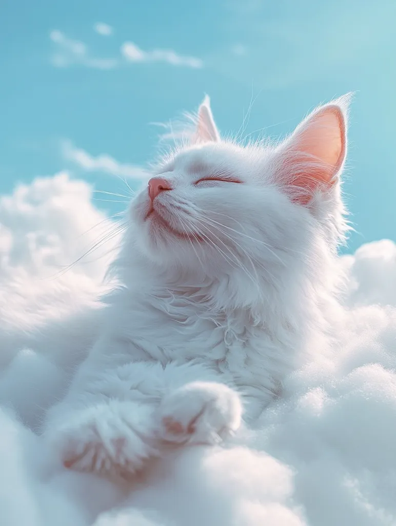 A white cat with its eyes closed lies on a cloud, basking in the sun. The cat’s fur is soft and fluffy, and its pink nose is visible. The background is a bright blue sky with white clouds. The image evokes a sense of peace and serenity.