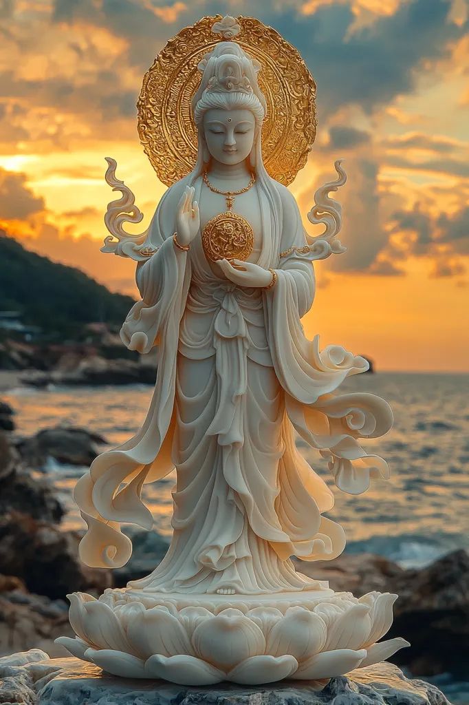 The image depicts a white marble statue of Guan Yin, a bodhisattva of compassion in Mahayana Buddhism. She stands gracefully on a lotus pedestal, her hands clasped in prayer, holding a golden orb. The statue is placed on a rocky shore with a golden sunset backdrop. The intricate details of her flowing robes and the delicate features of her face create a sense of serenity and tranquility.