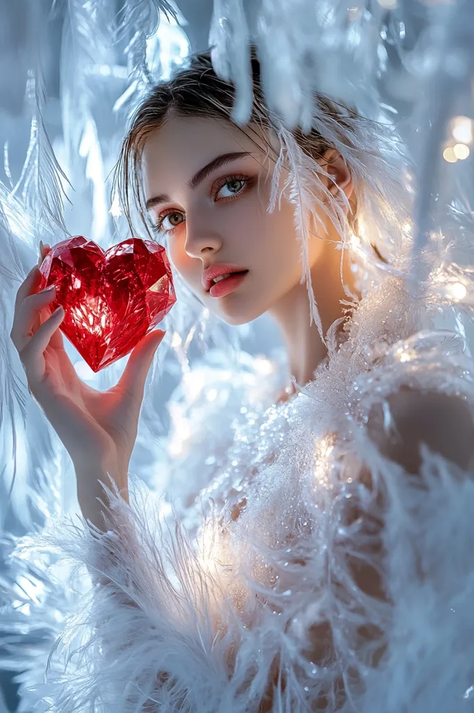 A young woman with delicate features and light brown hair is dressed in a white feathery garment. She holds a sparkling red heart-shaped object in her hand, her eyes looking directly at the camera with a soft expression. The background is blurred with a white and blue tone, giving the impression of a wintery scene.