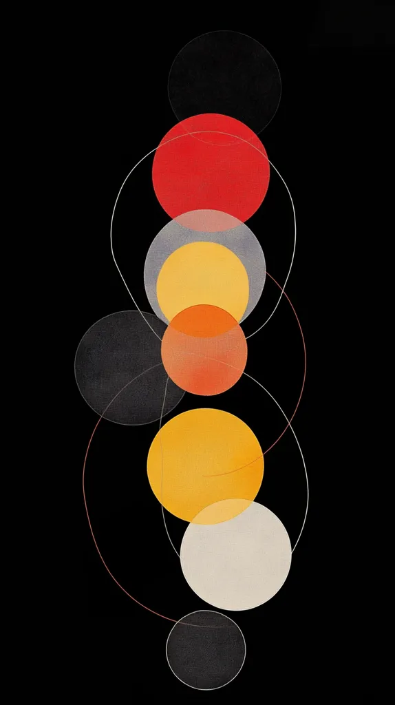 The image is an abstract design featuring nine overlapping circles on a black background.  They are arranged in a vertical line, with the topmost circle being black, followed by red, yellow, orange, gray, yellow, white, and black again. The circles appear to be connected by thin lines, creating a sense of rhythm and flow. The colors used are warm and inviting, suggesting a sense of energy and movement. The simplicity of the design allows the viewer to focus on the interplay of colors and shapes, making it a pleasing and calming composition.