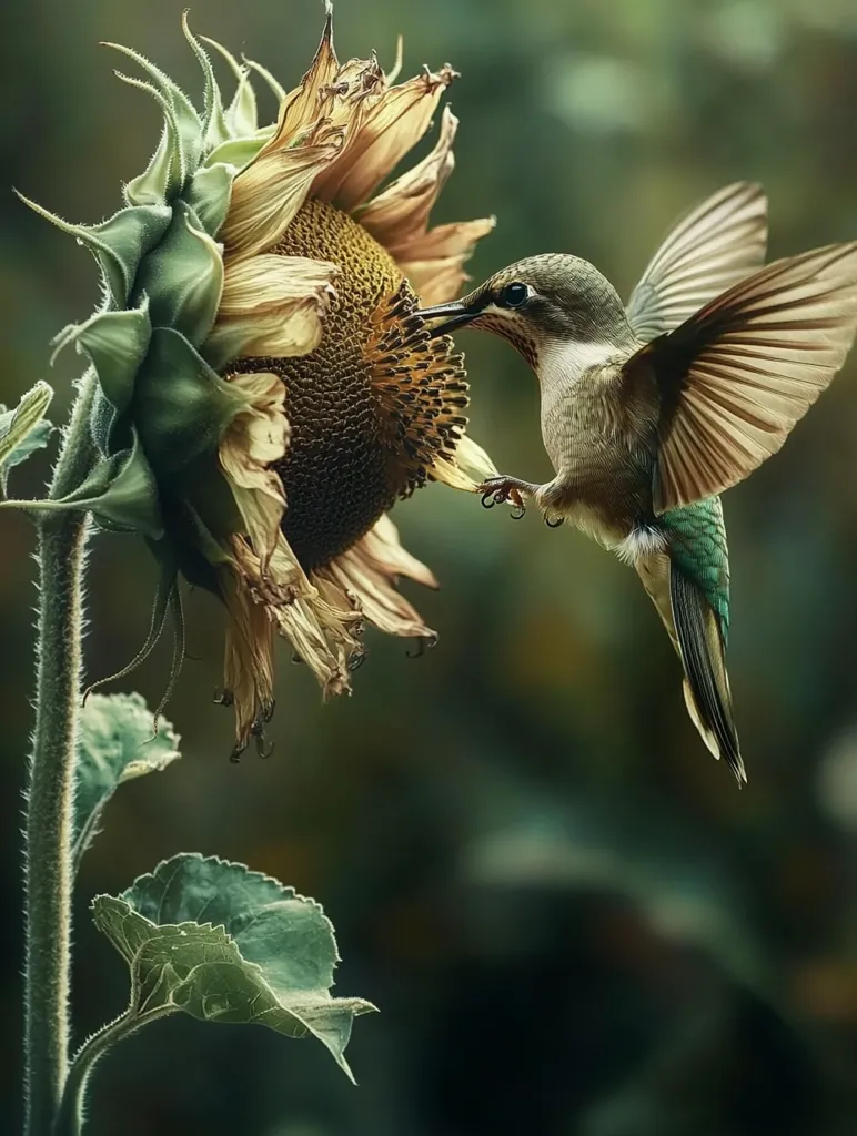 A hummingbird hovers in mid-air, its wings blurred by its rapid movement, as it drinks nectar from a fading sunflower. The sunflower's petals have wilted and browned, but the hummingbird seems undeterred, its long beak reaching into the center of the flower. The background is a soft blur of green, creating a serene and peaceful scene.