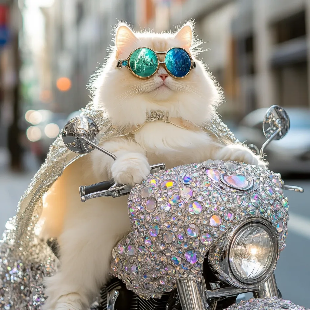 A white cat wearing blue-tinted sunglasses and a sparkling cape sits on a motorcycle adorned with iridescent jewels. The cat is looking straight at the camera, giving the impression of a confident and stylish rider. The scene is captured in a shallow depth of field, highlighting the cat as the main subject. The motorcycle's gleaming chrome and jeweled accents create a sense of opulence and fun. The image captures the cat's playful personality and its unexpected but charmingly stylish appearance.