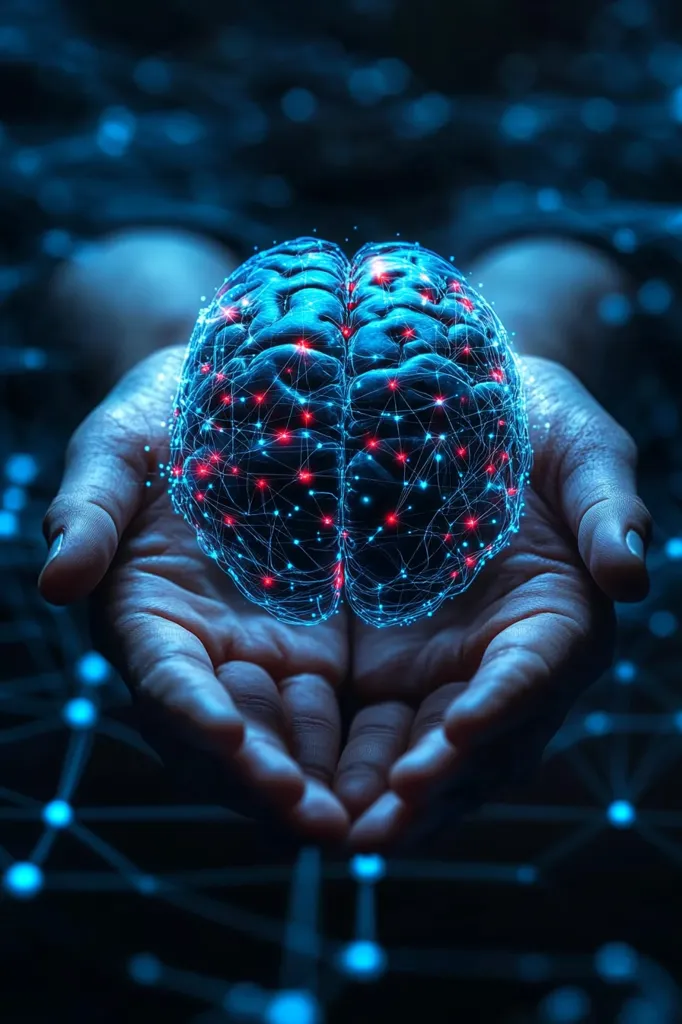 A pair of hands are cupped together, holding a digital representation of the human brain. The brain is rendered as a complex network of interconnected lines and nodes, glowing with bright blue and red lights. The image creates a sense of wonder and awe, emphasizing the complexity and beauty of the human brain. The background is a blur of blue light, suggesting a digital or technological context.